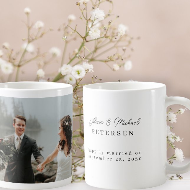 Modern photo wedding personalised script names coffee mug (Creator Uploaded)