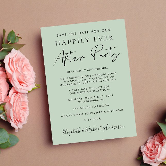 Modern Photo Wedding Reception Sage Save the Date Announcement (A stylish save the date announcement for a reception to celebrate your elopement or private wedding)