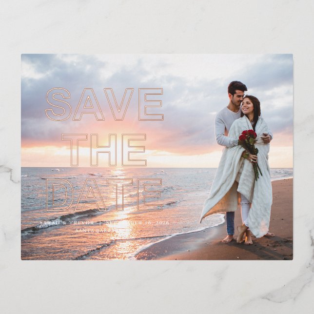 Modern Photo Wedding Save the Date Foil Invitation Postcard (Front)