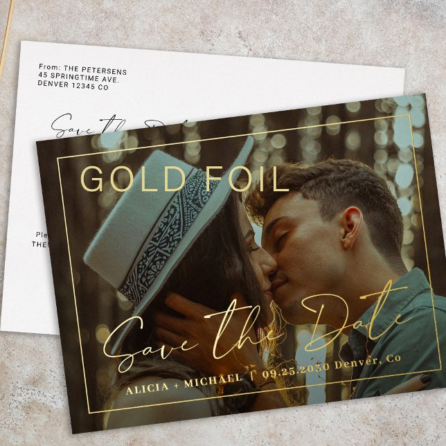 Modern photo wedding save the date foil postcard (Creator Uploaded)