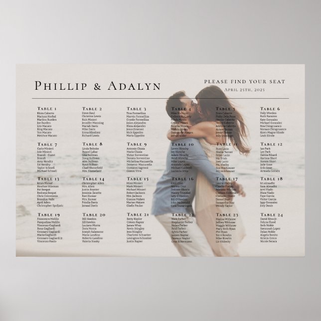 Modern photo wedding seating chart, 24 tables poster (Front)