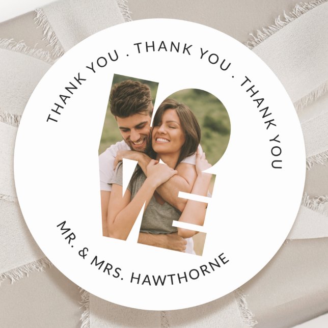 Modern Photo Wedding Thank you Love Letters Favour Classic Round Sticker (Creator Uploaded)