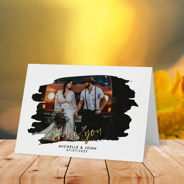 Modern Photo Wedding Thank You Simple Gold Script Foil Greeting Card (Creator Uploaded)