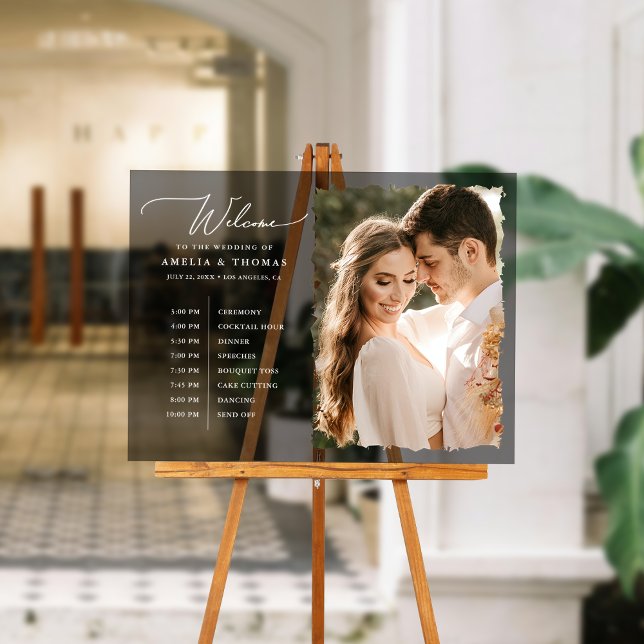 Modern Photo Welcome and Timeline Black Acrylic Sign (Make a grand entrance and warmly welcome your guests with this elegant acrylic wedding sign!)