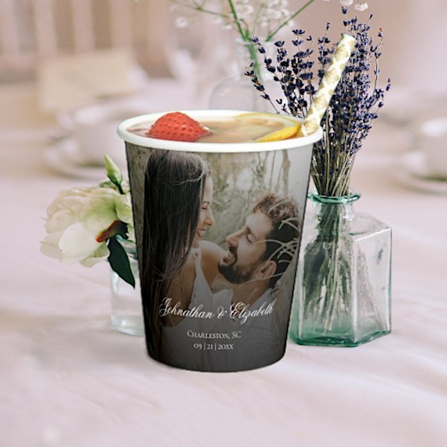 Modern Photo with Black Overlay Wedding Paper Cups (Modern Photo and Black Overlay Wedding Paper Cups)