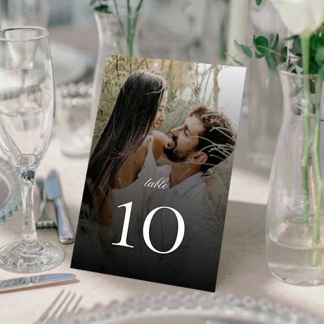 Modern Photo with Black Overlay Wedding Table Number (Modern Photo with Black Overlay Wedding Table Number Card)
