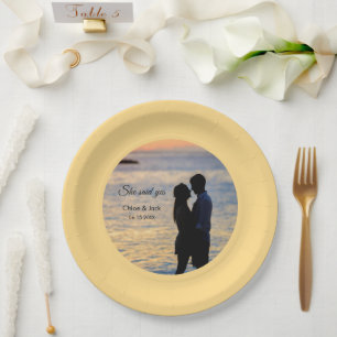Modern Photo Yellow Orange She Said Yes Paper Plate