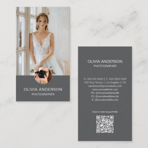 Modern Photographer 2 Photos QR Code Simple Grey Business Card