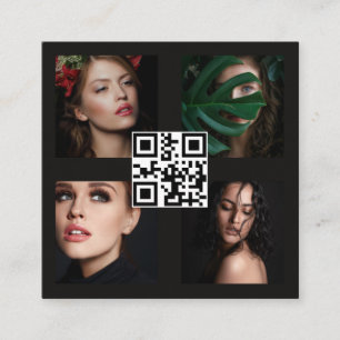 Modern Photographer 4 Photos Grid Black QR Code Square Business Card