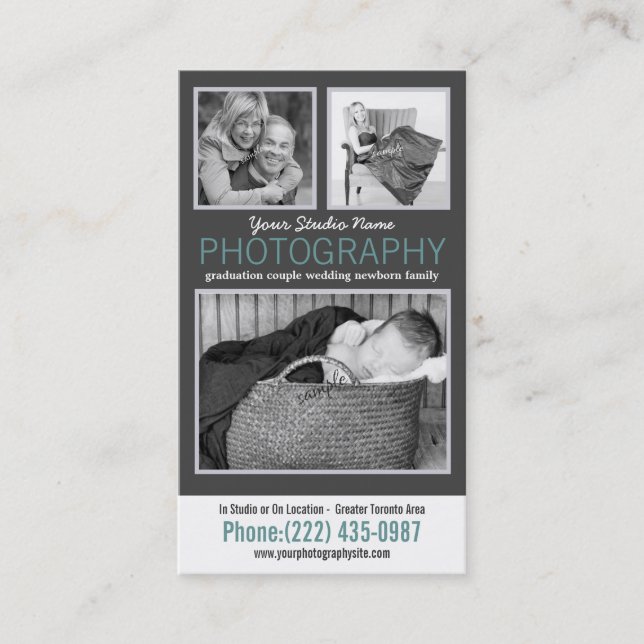 Modern Photographer with 3 Sample Photos Business Card (Front)
