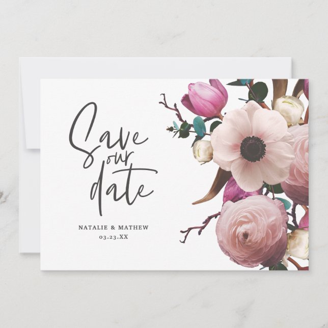 Modern photographic floral wedding save the date (Front)