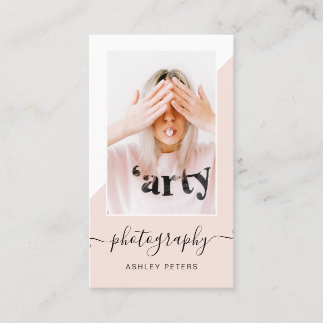 Modern photography blush pink block script photo business card (Front)