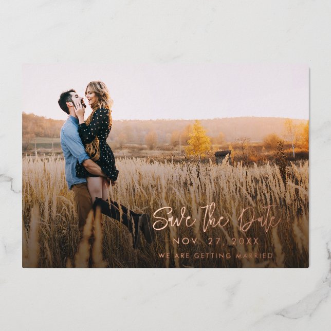 Modern Photos Script Wedding Save the Date Card (Front)