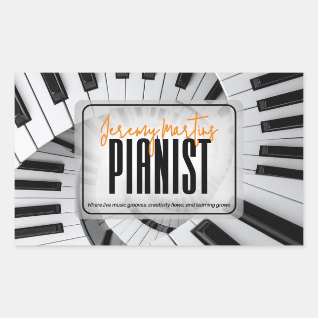 Modern Piano Spirals Black&White Orange Pianist Rectangular Sticker (Front)