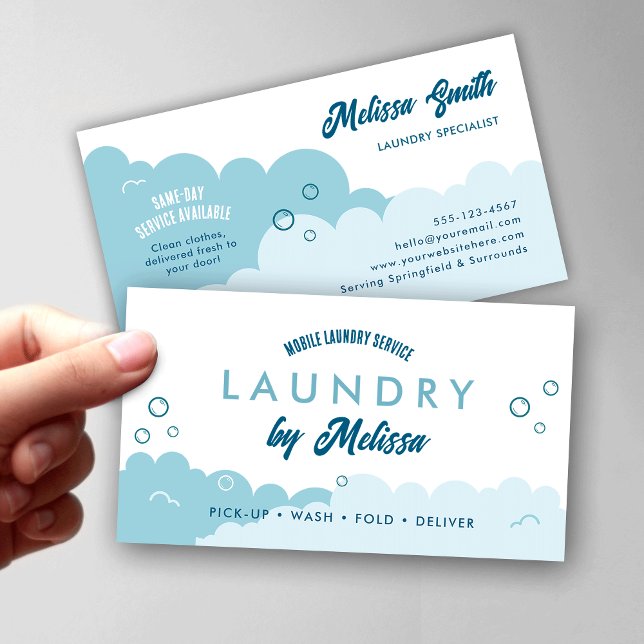 Modern Pick-Up Laundry Service Blue & White Business Card (Modern white and blue pick-up laundry services and laundromats business cards)