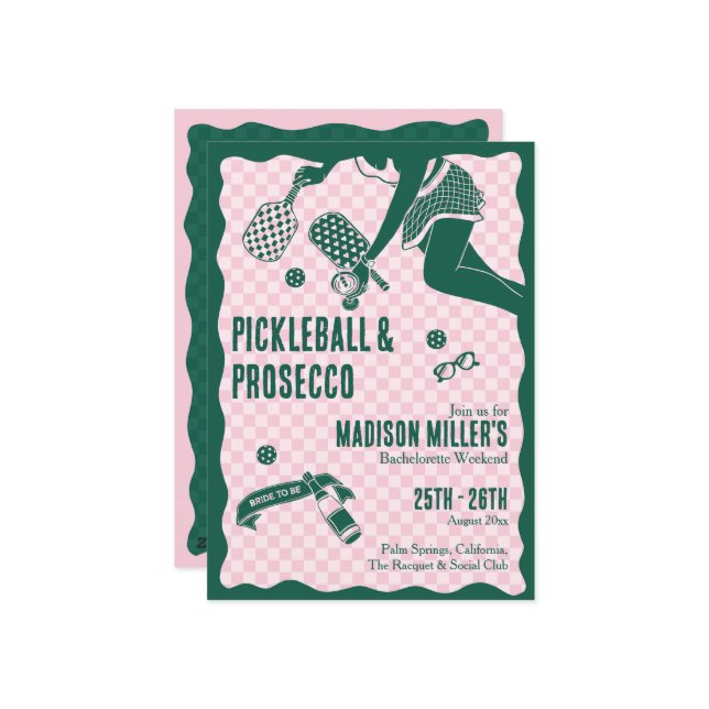 Modern Pickleball & Prosecco Bachelorette Weekend Invitation (Front/Back In Situ)