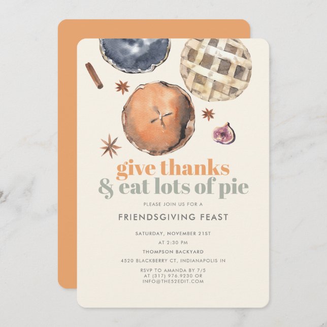 Modern Pie Friendsgiving Dinner Feats Party Invitation (Front/Back)