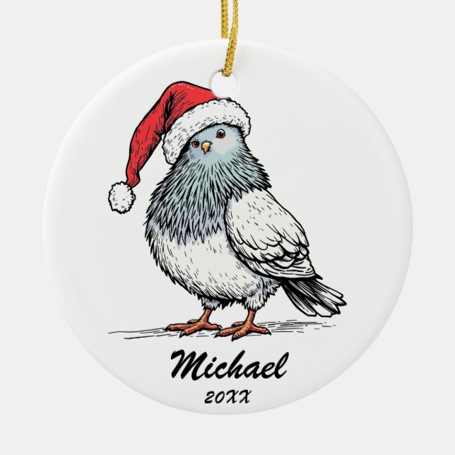 Modern Pigeon Santa Claus Christmas Personalised  Ceramic Ornament (Front)