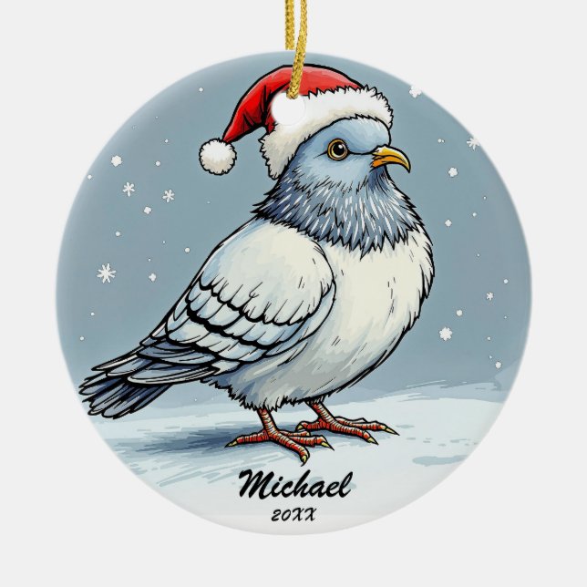 Modern Pigeon Santa Claus Christmas Personalised  Ceramic Ornament (Front)