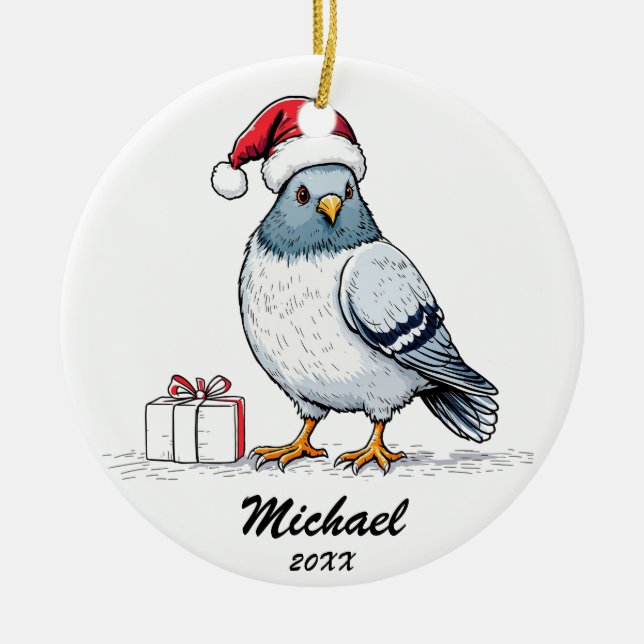Modern Pigeon Santa Claus Christmas Personalised  Ceramic Ornament (Front)