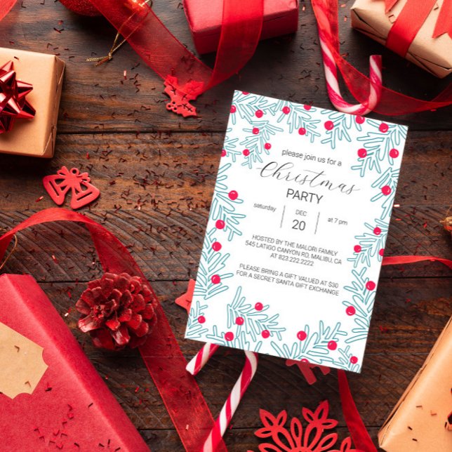 Modern Pine Branch and Red Berry Christmas Pattern Invitation (Creator Uploaded)