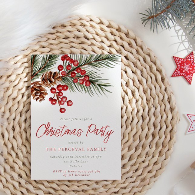 Modern Pine Branch & Berries Christmas Party Invitation (Creator Uploaded)
