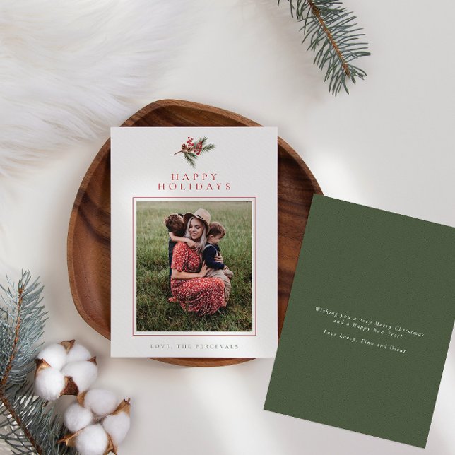 Modern Pine Branch & Berries Photo Holiday Card (Creator Uploaded)