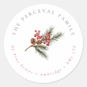 Modern Pine Branch Family Return Address Classic Round Sticker