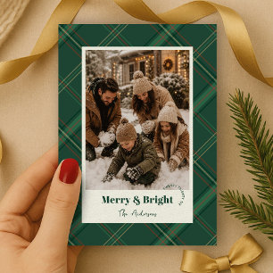 Modern Pine Green Plaid Two Photos Merry Christmas Holiday Card