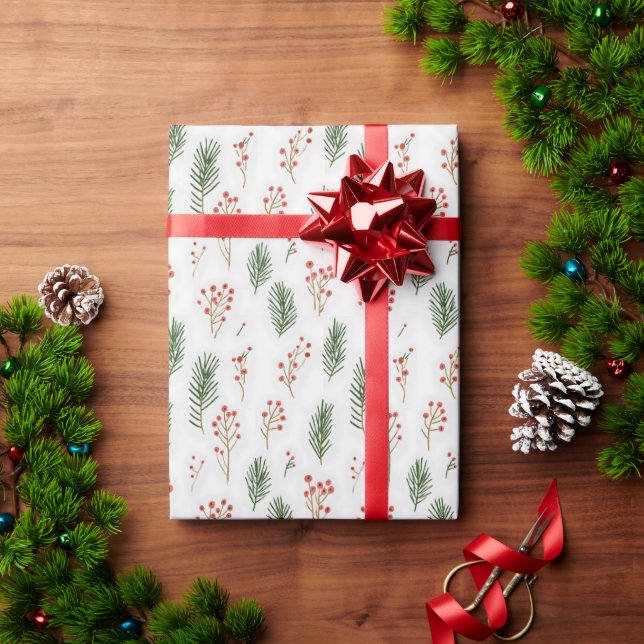 Modern Pine Leaves & Berries Christmas Wrapping Paper (Holiday Gift)