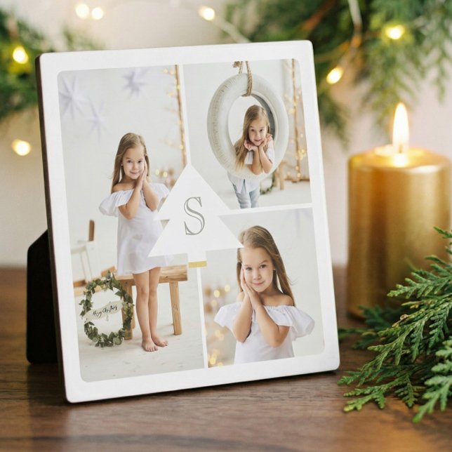 Modern Pine Tree Monogram Three Photo Collage Plaque (Elegant Minimal Tree Monogram Photo Collage Design Plaque)