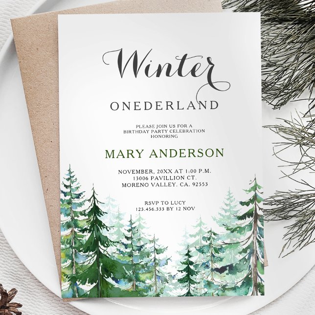 Modern Pine Trees Winter Onederland Birthday Invitation (Creator Uploaded)