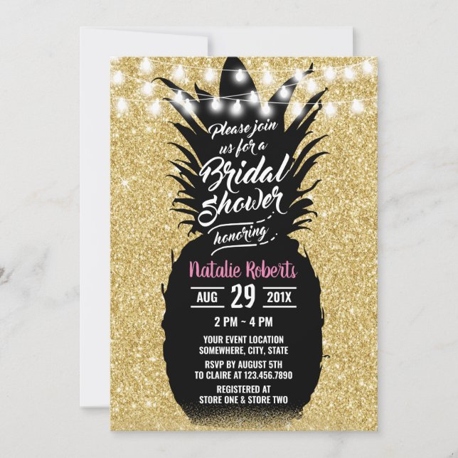 Modern Pineapple Black Gold Luau Bridal Shower Invitation (Front)