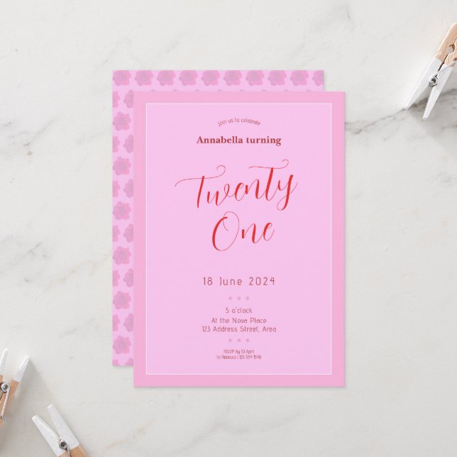Modern Pink 21st  Invitation (Front/Back In Situ)
