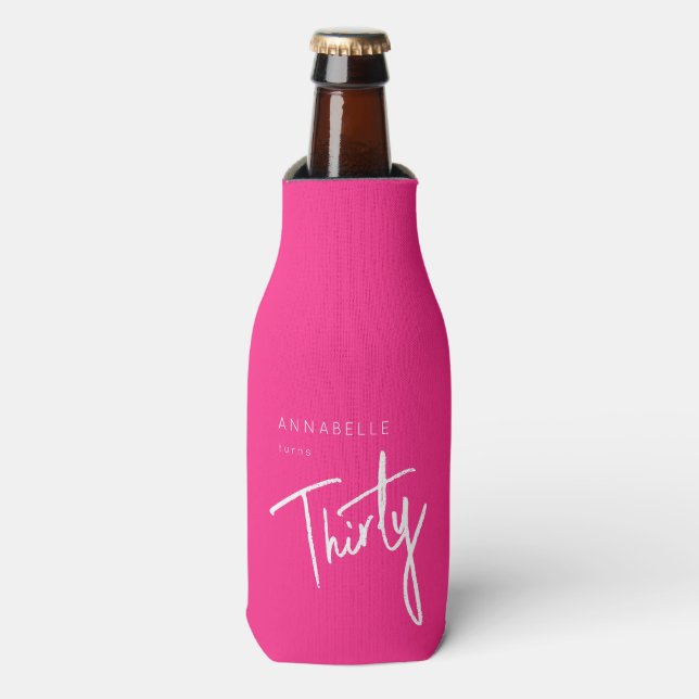 Modern Pink 30th Thirty Thirtieth birthday party Bottle Cooler (Bottle Front)