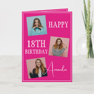 Modern Pink 3 Photo Collage 18th Birthday Card
