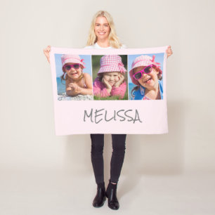 Modern Pink 3 Photo Name Fleece Blanket