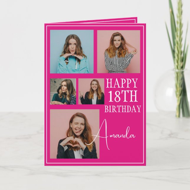 Modern Pink 5 Photo Collage 18th Birthday Card (Front)