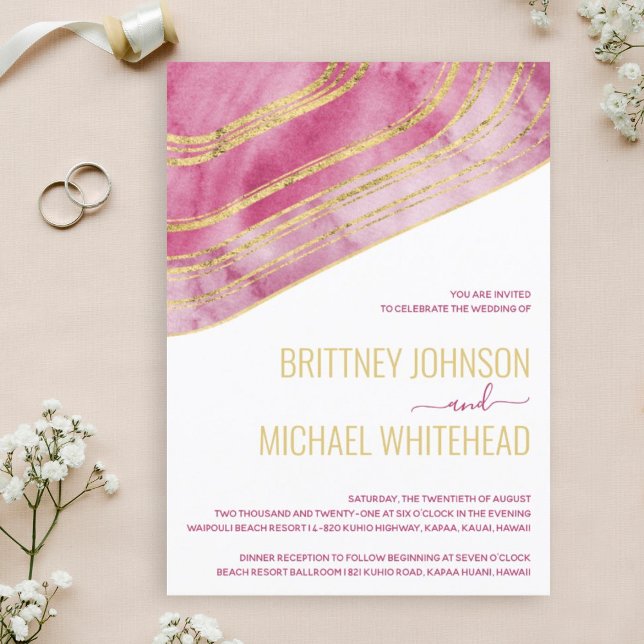 Modern Pink Agate Gold Foil Wedding Invitation (Creator Uploaded)