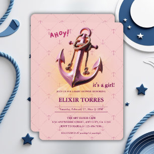 Modern Pink Ahoy! Anchor Nautical Baby Shower Invitation