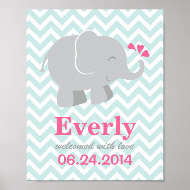 Modern Pink and Aqua Elephant Custom Monogram Poster (Front)
