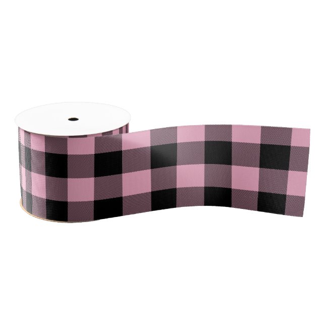 Modern Pink and Black Buffalo Plaid Grosgrain Ribbon (Spool)