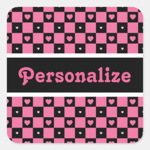 Modern Pink and Black Checkered Hearts With Name Square Sticker
