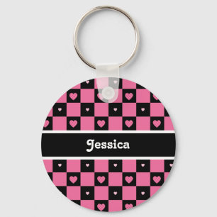 Modern Pink and Black Chequered Hearts With Name Key Ring