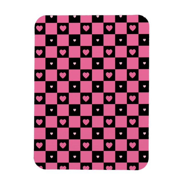 Modern Pink and Black Chequered Pattern Girly Hear Magnet (Vertical)