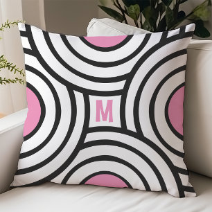 Modern Pink and Black Circles Monogram Dorm Room Cushion