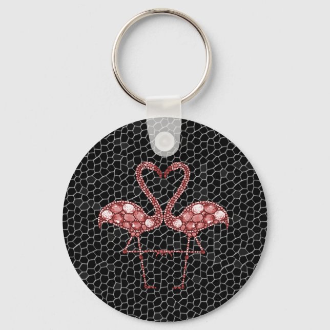 Modern Pink and Black Flamingo Abstract Key Ring (Front)