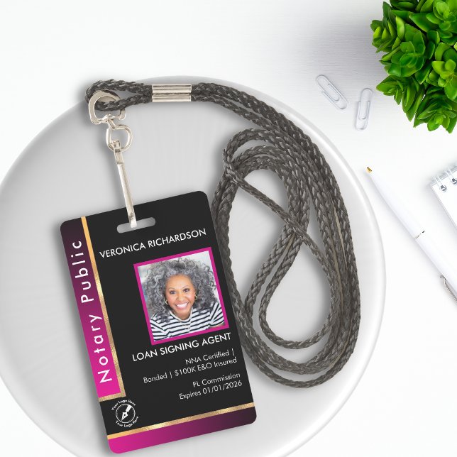 Modern pink and black Notary QR Code Photo I.D. ID Badge (Creator Uploaded)