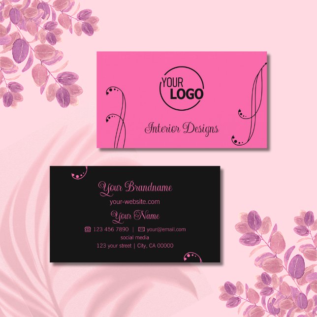 Modern Pink and Black Ornamental with Logo Ornate Business Card (Creator Uploaded)