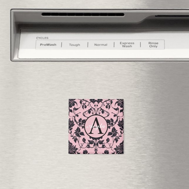 Modern Pink and Black Rose Damask Monogram Magnet (In Situ (Dishwasher))